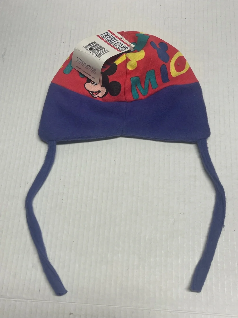 NWT Mickey Mouse Kids Fleece Hat String Tie Red, Purple, Blue, Yellow & Green